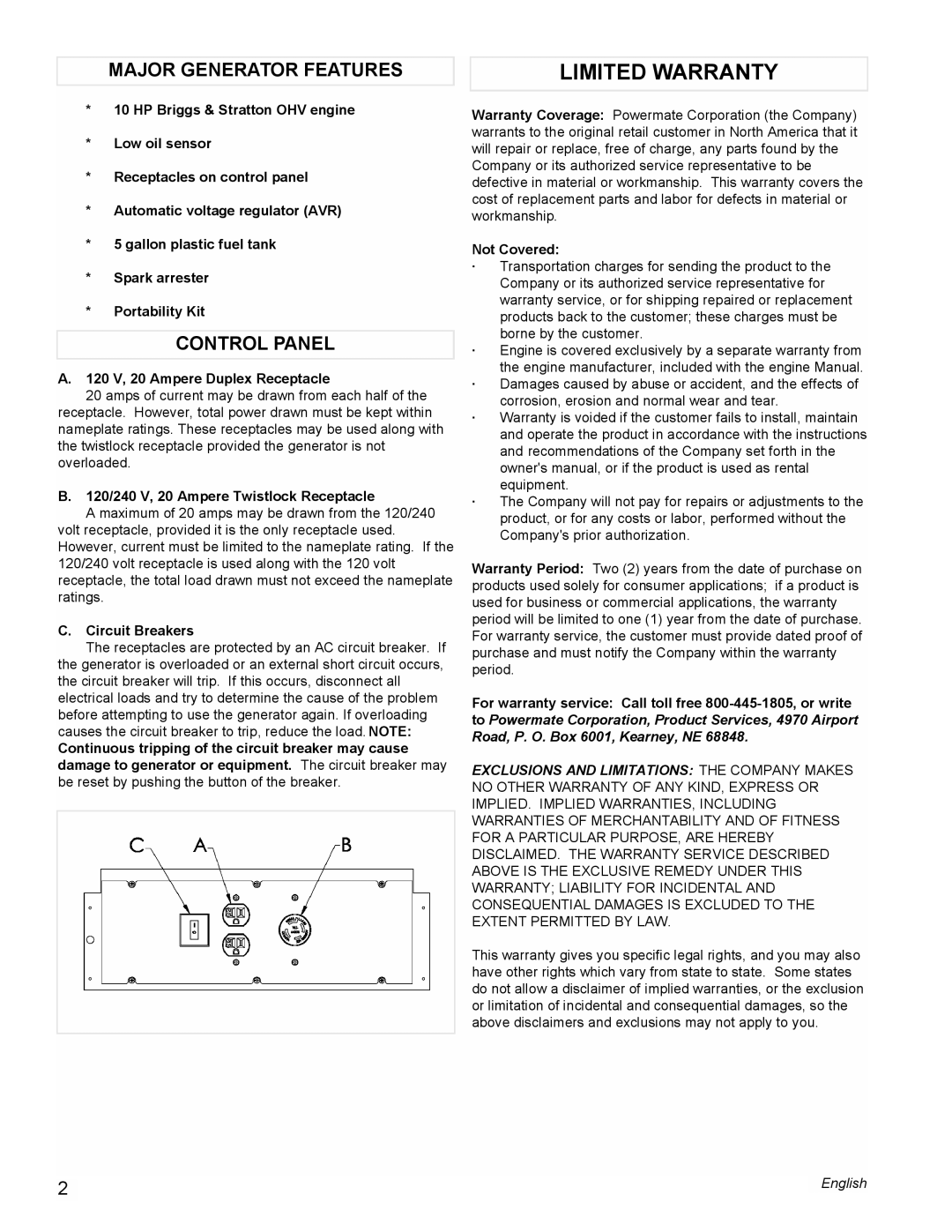 Powermate PC0545006 manual Limited Warranty, Major Generator Features, Control Panel 