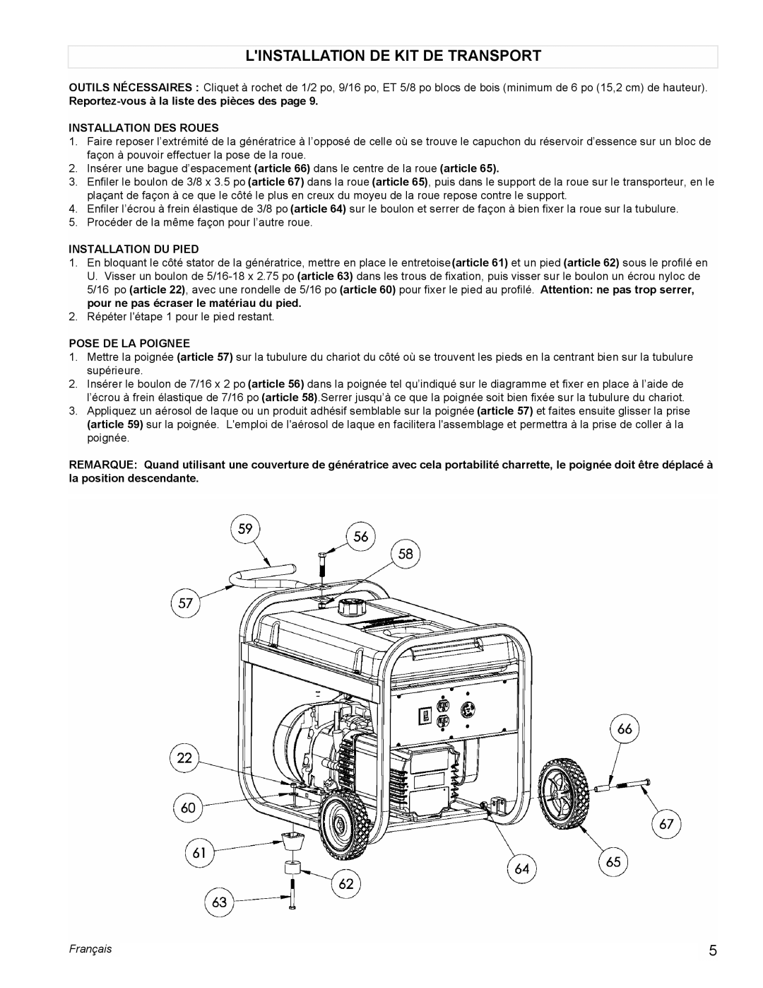 Powermate PC0545006 Linstallation DE KIT DE Transport, Reportez-vous à la liste des pièces des, Installation DES Roues 