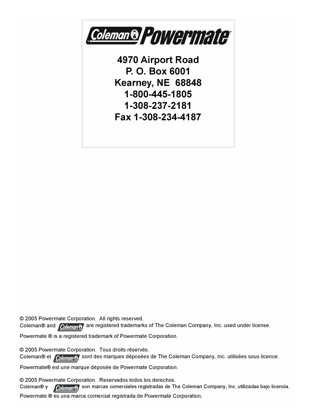 Powermate PC0545009 manual Airport Road P. O. Box Kearney, NE, 1-800-445-1805 1-308-237-2181 Fax 