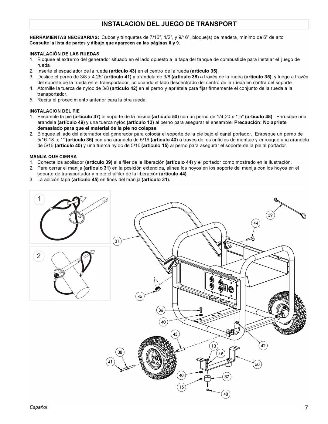 Powermate PC0545009 manual Instalacion Del Juego De Transport, Español 