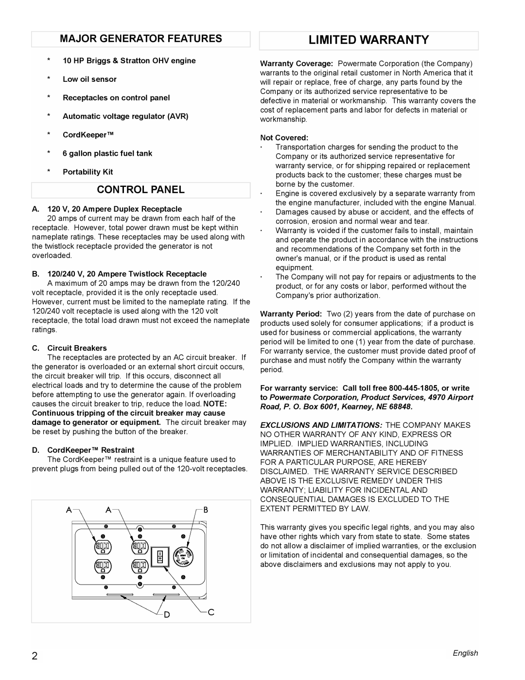 Powermate PC0545009 manual Limited Warranty, Major Generator Features, Control Panel 