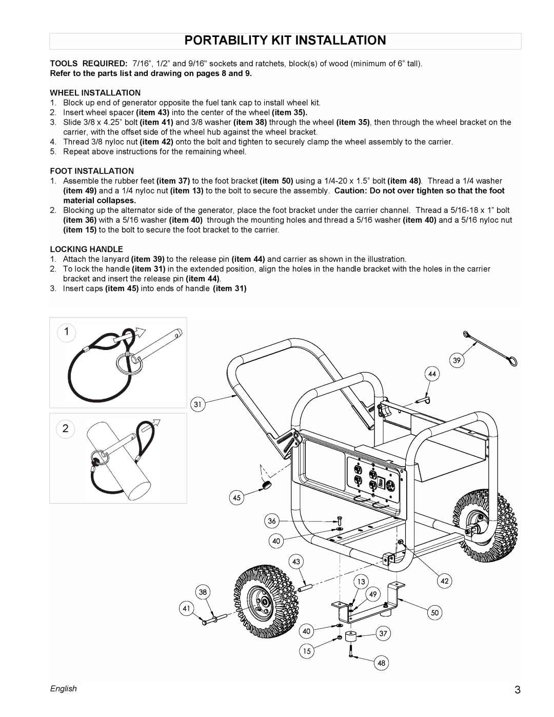 Powermate PC0545009 manual Portability KIT Installation, Refer to the parts list and drawing on pages 8, Wheel Installation 