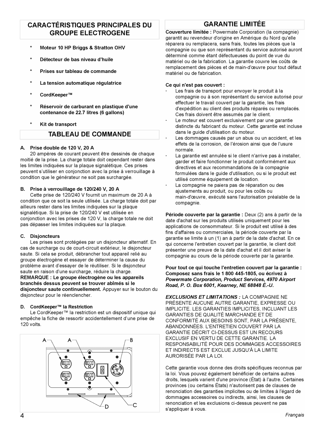 Powermate PC0545009 manual Caractéristiques Principales DU Groupe Electrogene, Tableau DE Commande, Garantie Limitée 