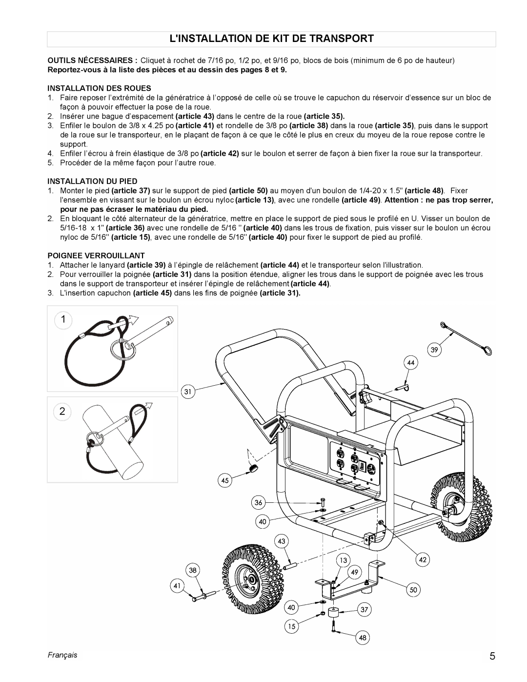 Powermate PC0545009 Linstallation DE KIT DE Transport, Installation DES Roues, Installation DU Pied, Poignee Verrouillant 