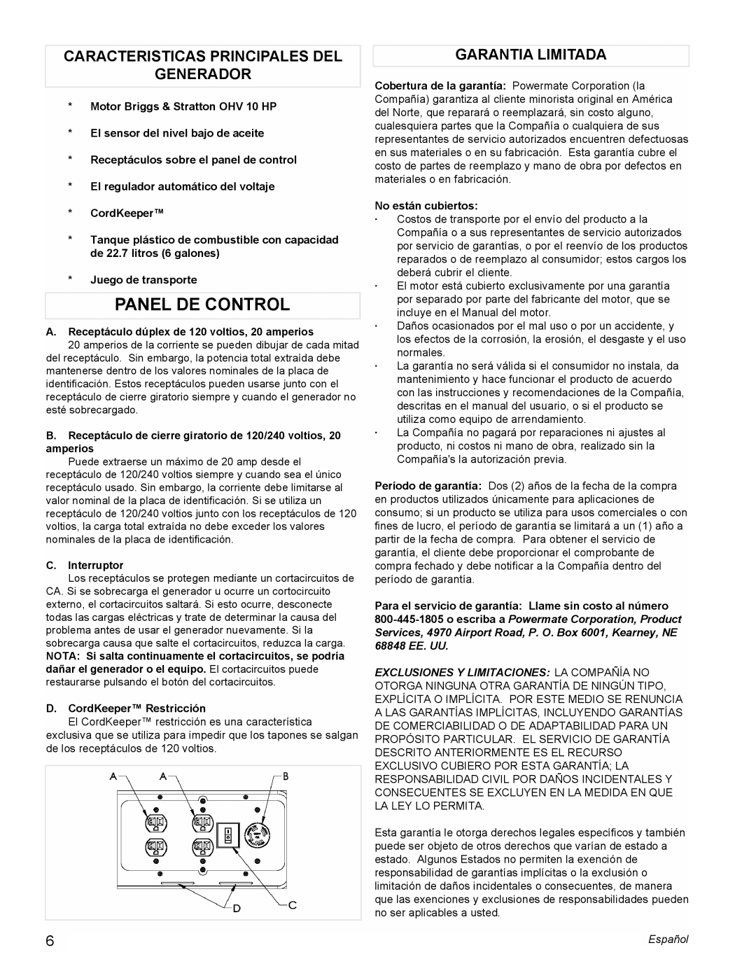 Powermate PC0545009 manual Panel DE Control, Caracteristicas Principales DEL Generador, Garantia Limitada, Interruptor 