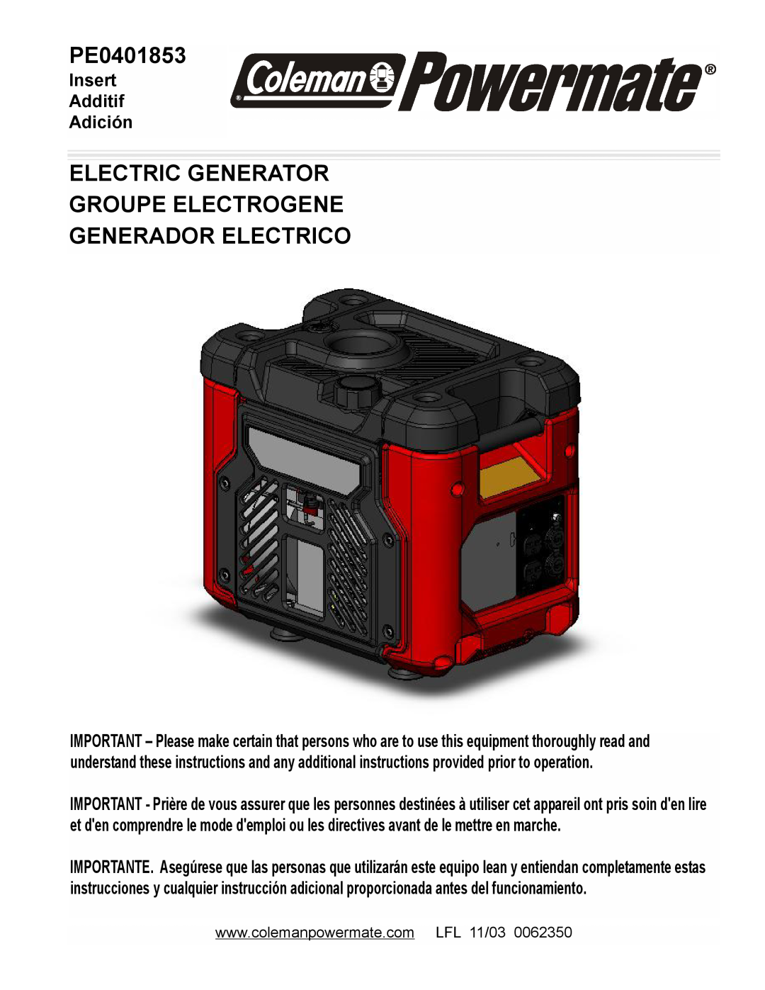 Powermate PE0401853 manual Electric Generator Groupe Electrogene Generador Electrico, Insert Additif Adición 