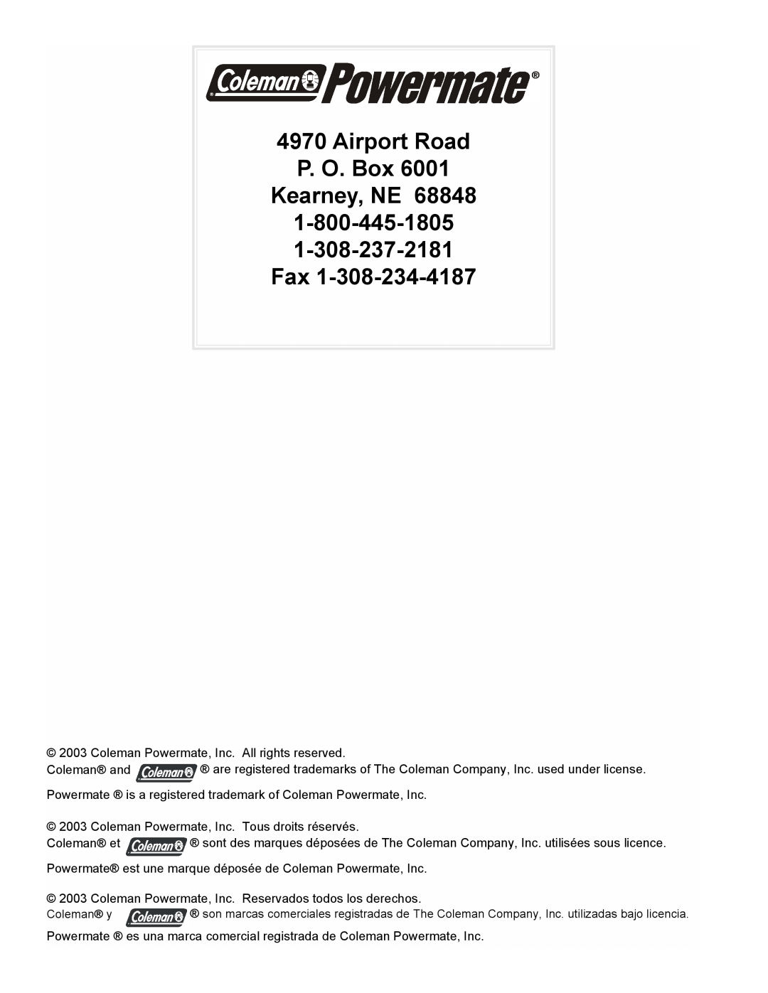 Powermate PE0401853 manual Airport Road P. O. Box Kearney, NE 