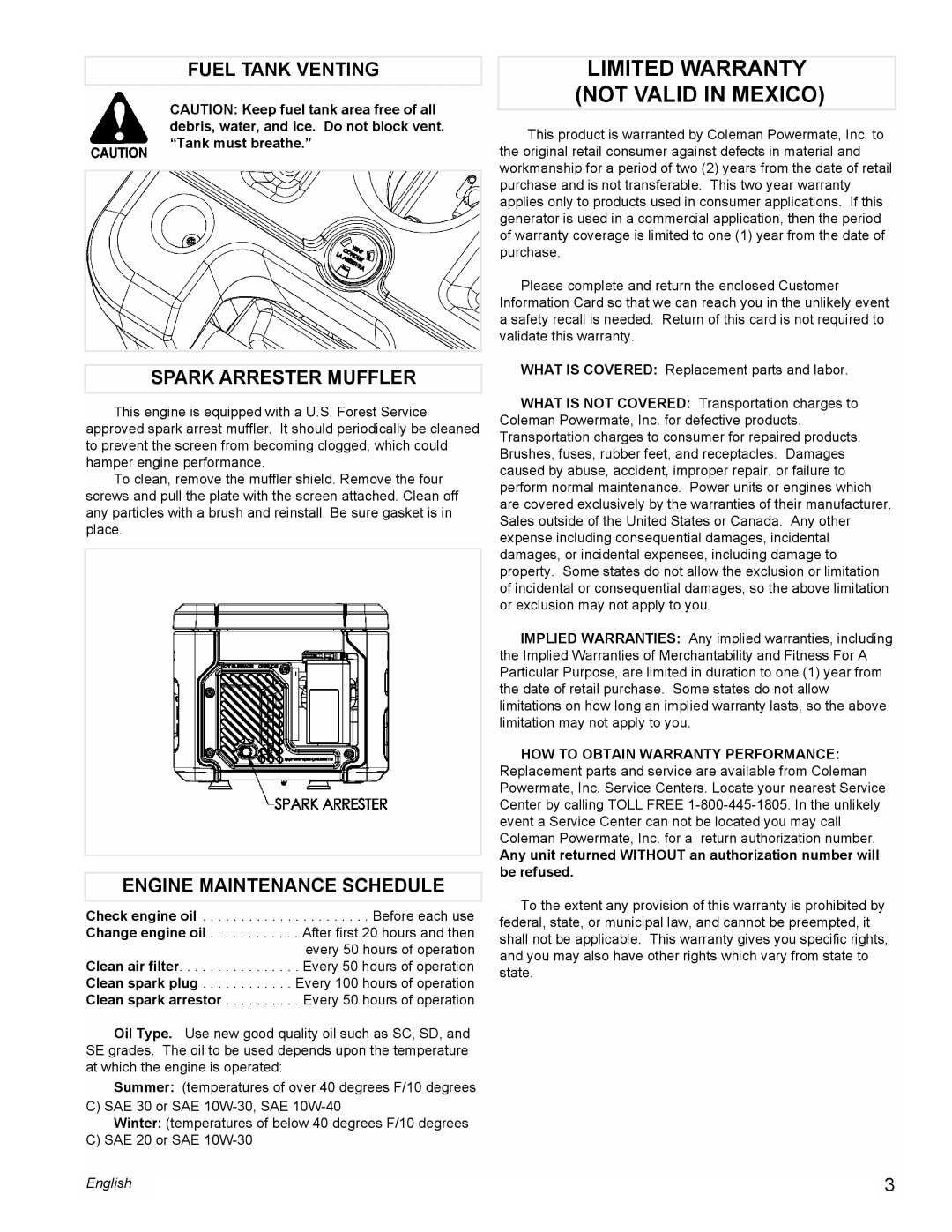 Powermate PE0401853 manual Fuel Tank Venting, Spark Arrester Muffler, Engine Maintenance Schedule, English 