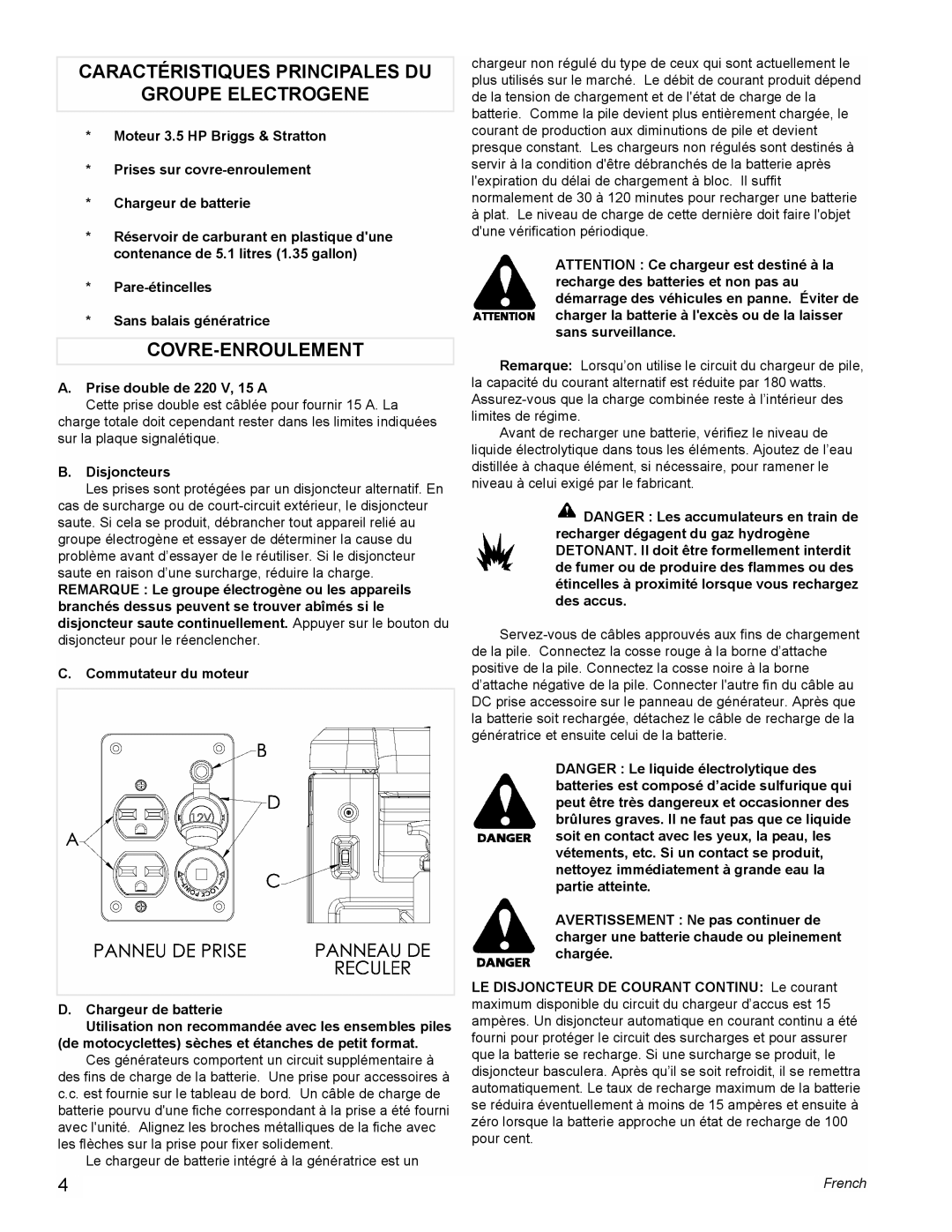 Powermate PE0401853 manual Caractéristiques Principales Du Groupe Electrogene, Covre-Enroulement, French 