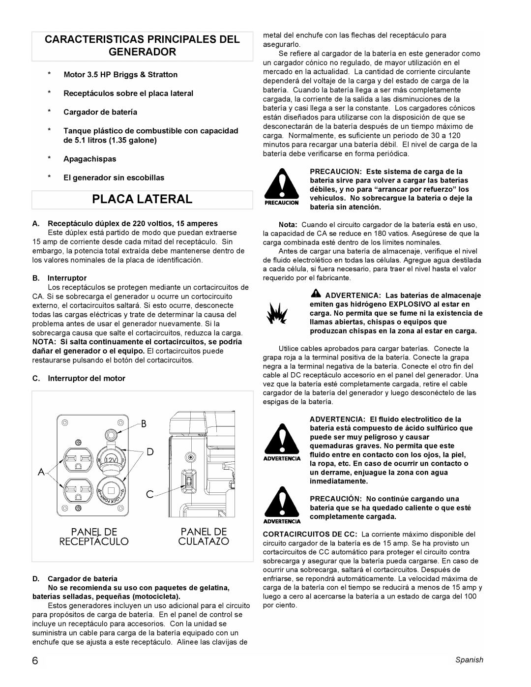 Powermate PE0401853 manual Placa Lateral, Caracteristicas Principales Del Generador, Spanish 