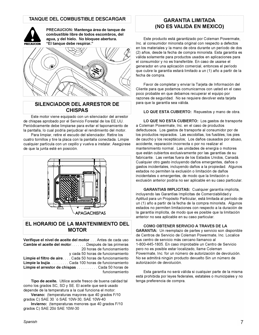 Powermate PE0401853 manual Silenciador Del Arrestor De Chispas, El Horario De La Mantenimiento Del Motor, Spanish 