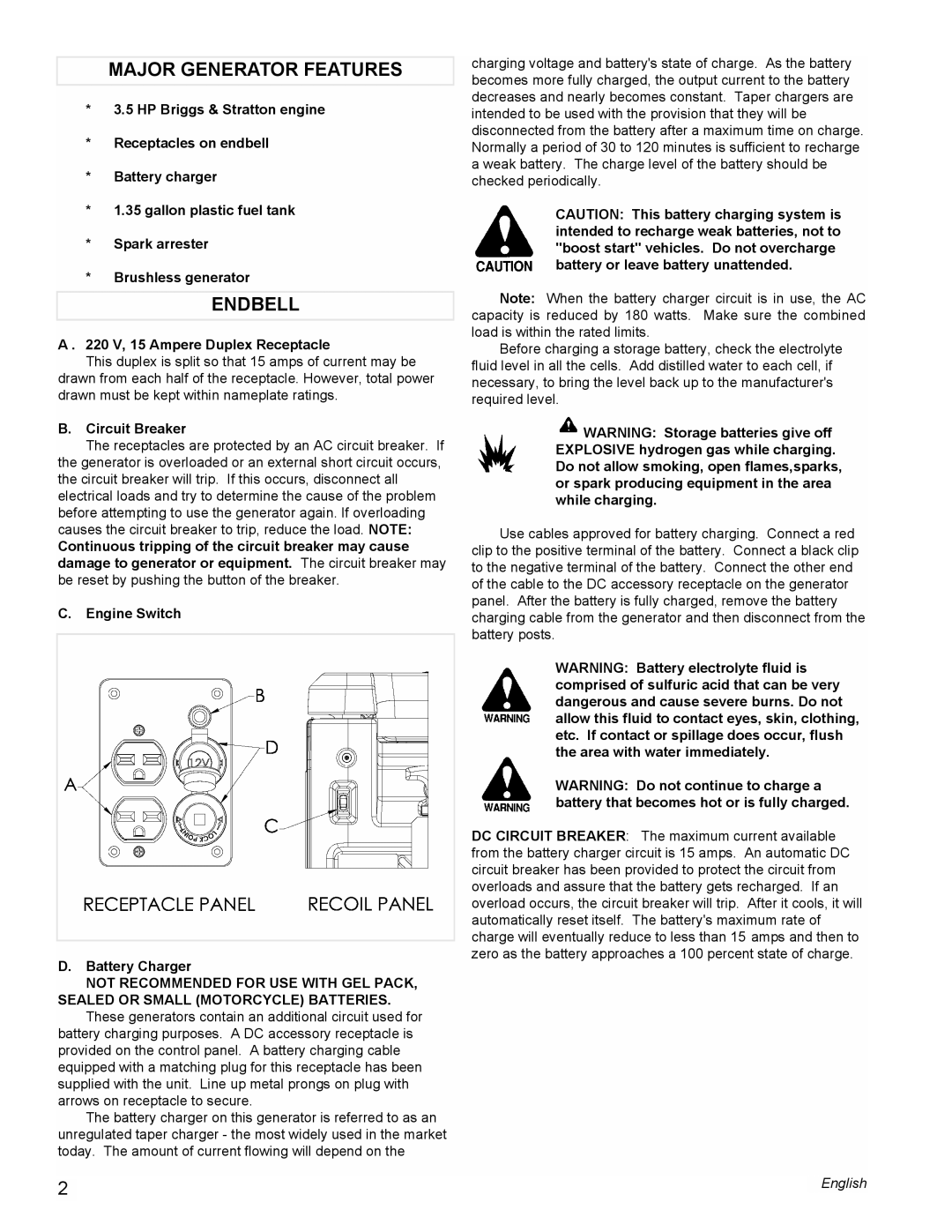 Powermate PE0401853 manual Major Generator Features, Endbell, 220 V, 15 Ampere Duplex Receptacle, Circuit Breaker 