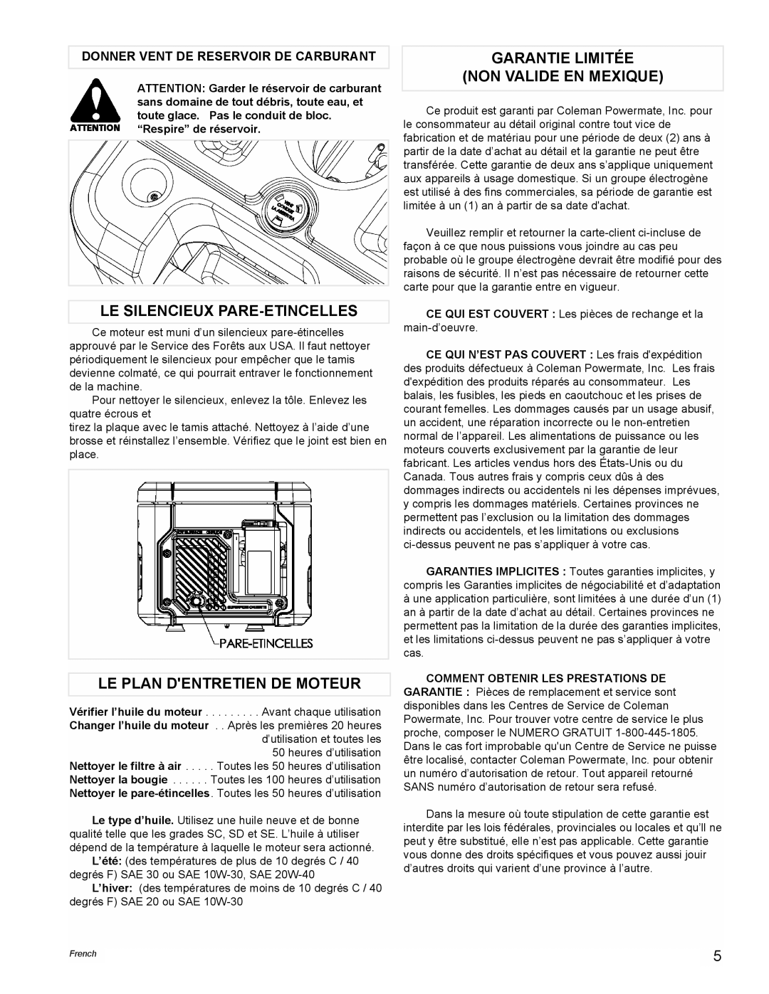 Powermate PE0401853 LE Silencieux PARE-ETINCELLES, LE Plan Dentretien DE Moteur, Garantie Limitée NON Valide EN Mexique 