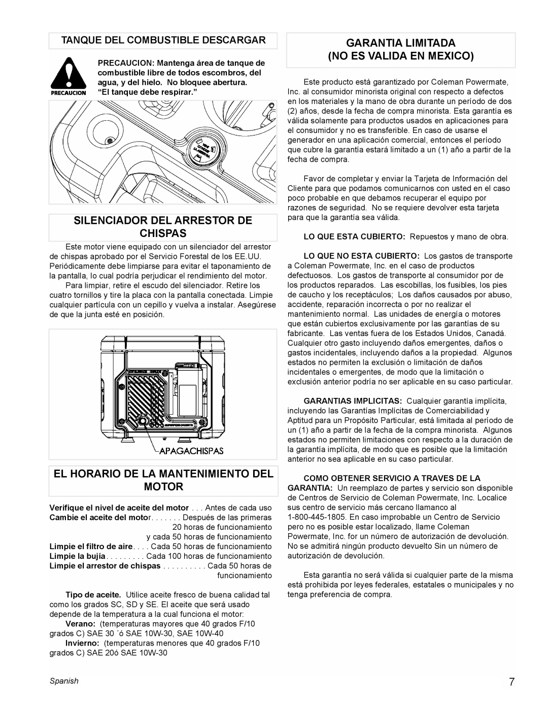 Powermate PE0401853 manual Silenciador DEL Arrestor DE Chispas, EL Horario DE LA Mantenimiento DEL Motor 