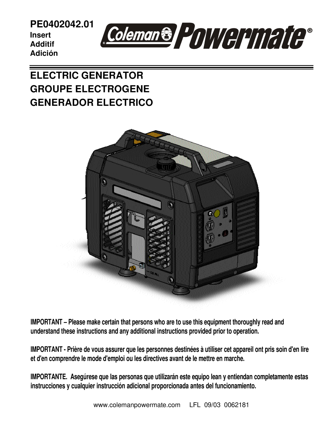 Powermate PE0402042.01 manual Electric Generator Groupe Electrogene Generador Electrico, Insert Additif Adición 