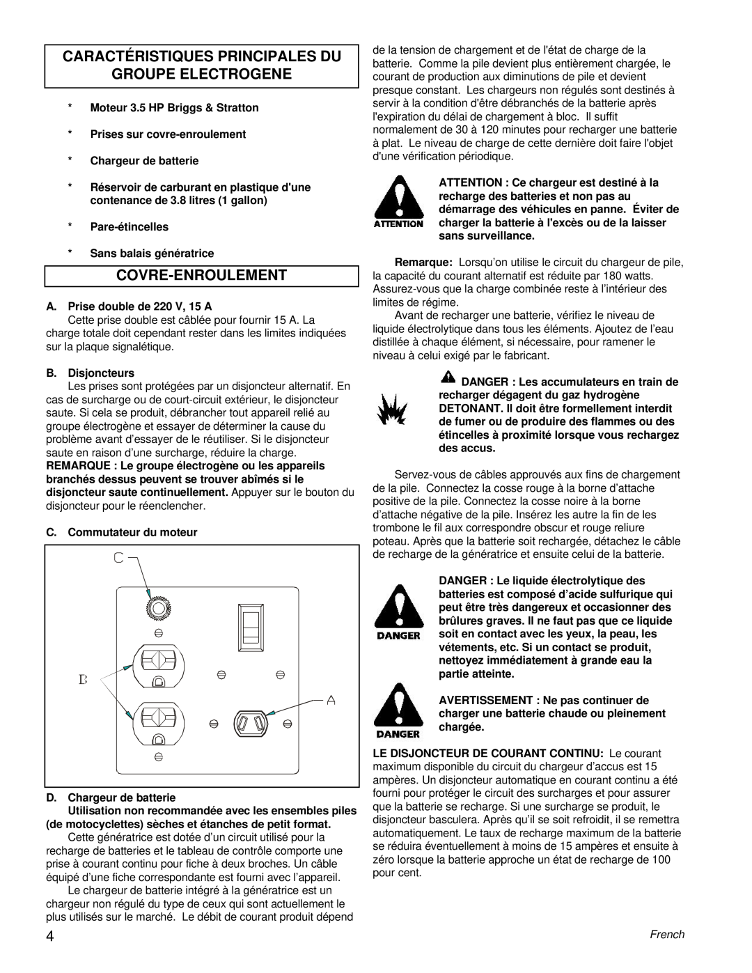 Powermate PE0402042.01 manual Caractéristiques Principales Du Groupe Electrogene, Covre-Enroulement 