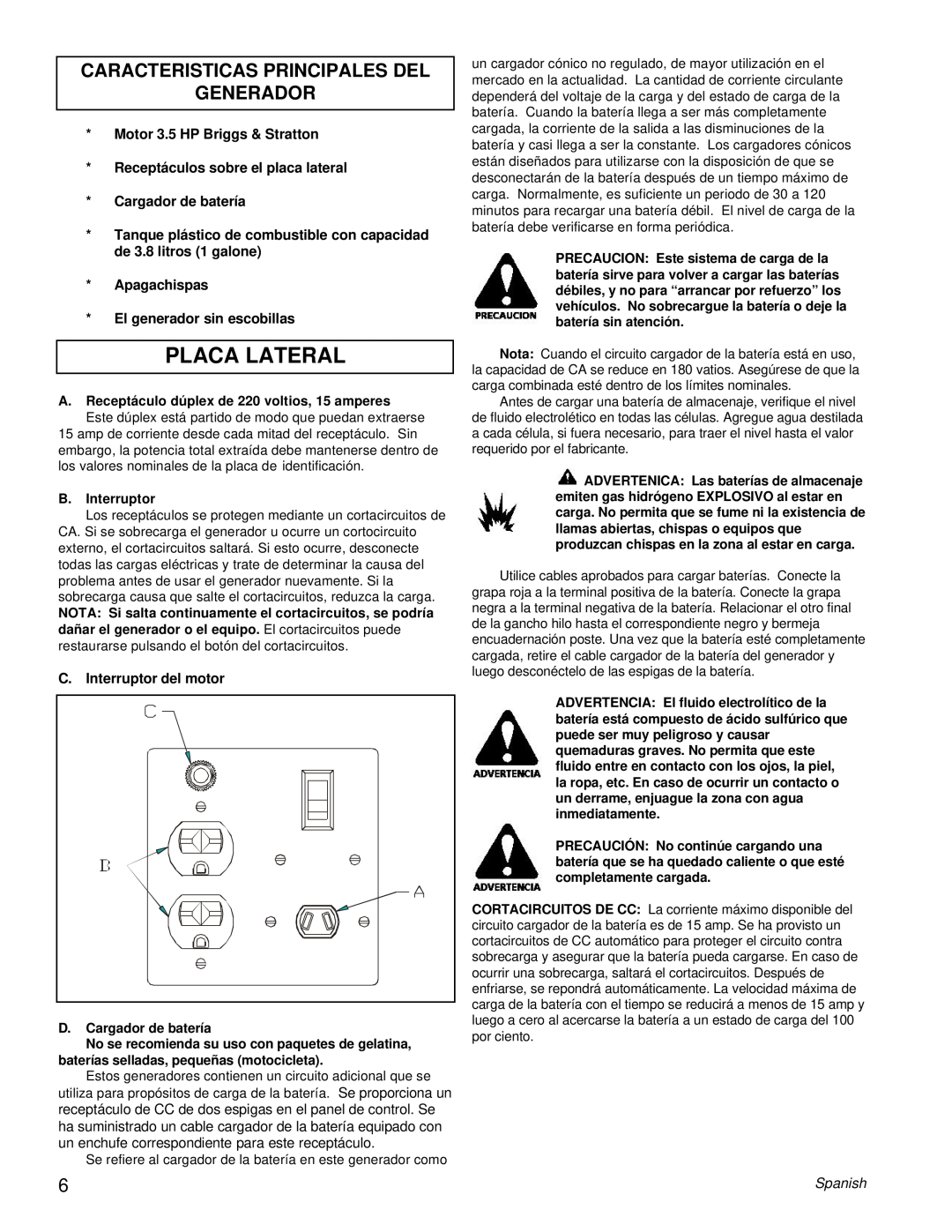 Powermate PE0402042.01 manual Placa Lateral, Caracteristicas Principales Del Generador 