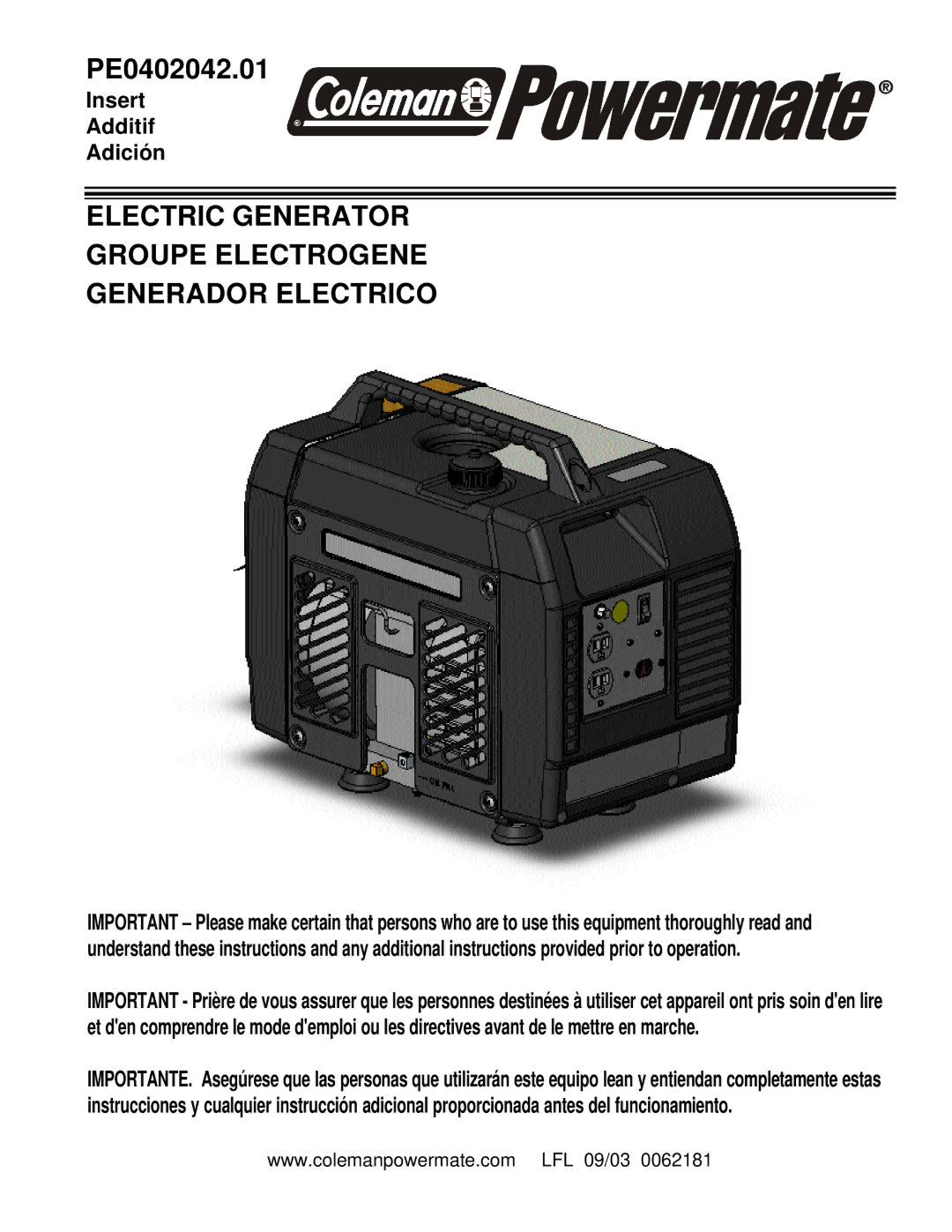 Powermate PE0402042.01 manual Electric Generator Groupe Electrogene Generador Electrico 