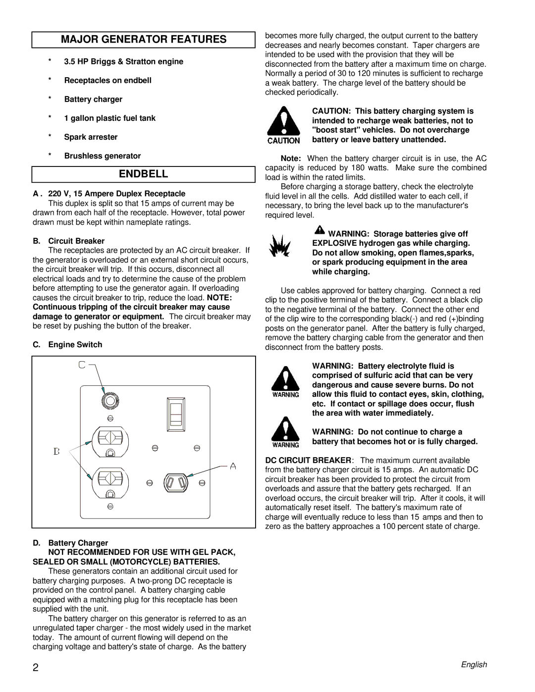 Powermate PE0402042.01 manual Major Generator Features, Endbell, 220 V, 15 Ampere Duplex Receptacle, Circuit Breaker 