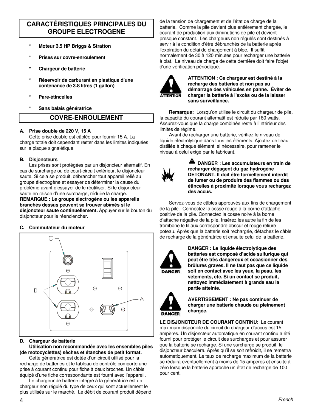 Powermate PE0402042.01 Caractéristiques Principales DU Groupe Electrogene, Covre-Enroulement, Prise double de 220 V, 15 a 