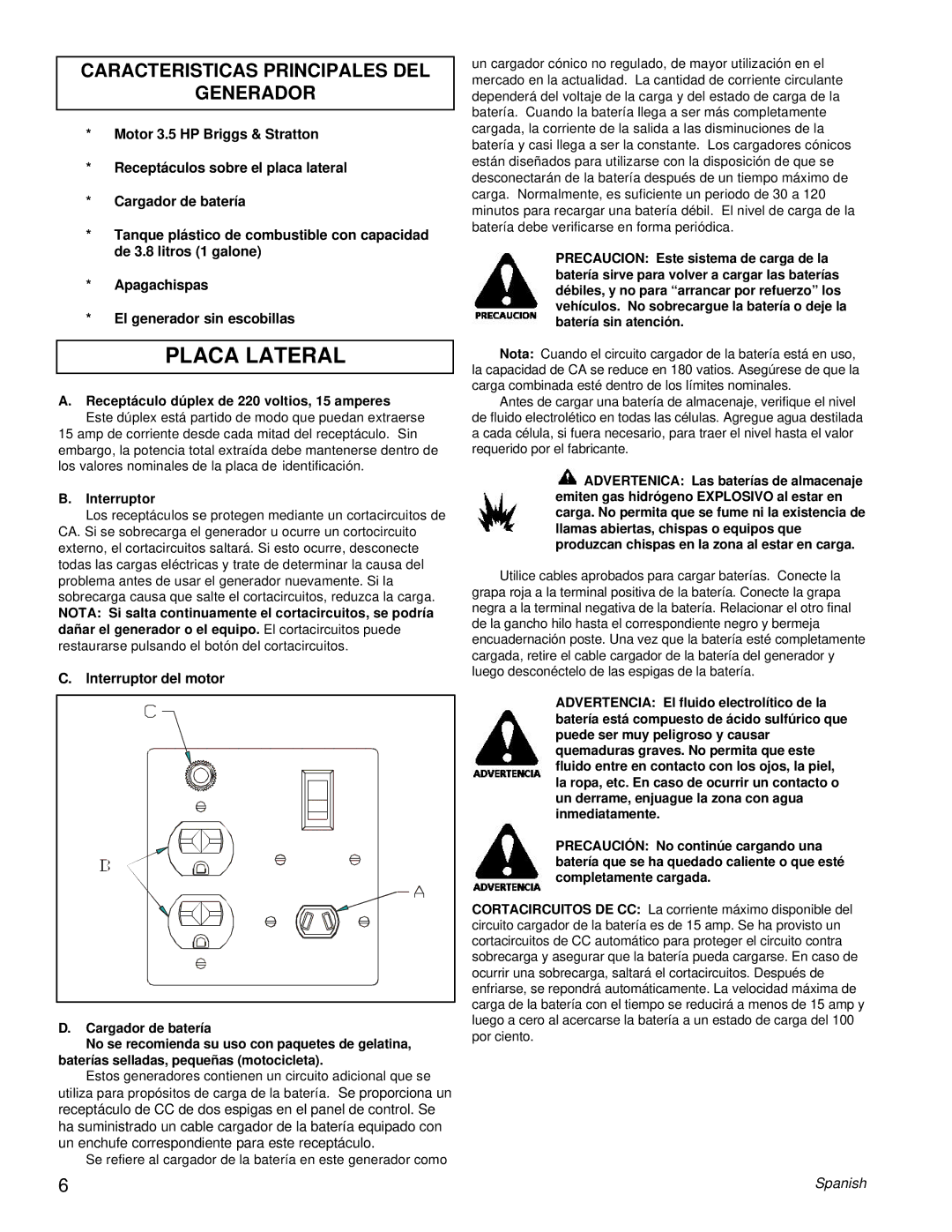 Powermate PE0402042.01 manual Caracteristicas Principales DEL Generador, Receptáculo dúplex de 220 voltios, 15 amperes 