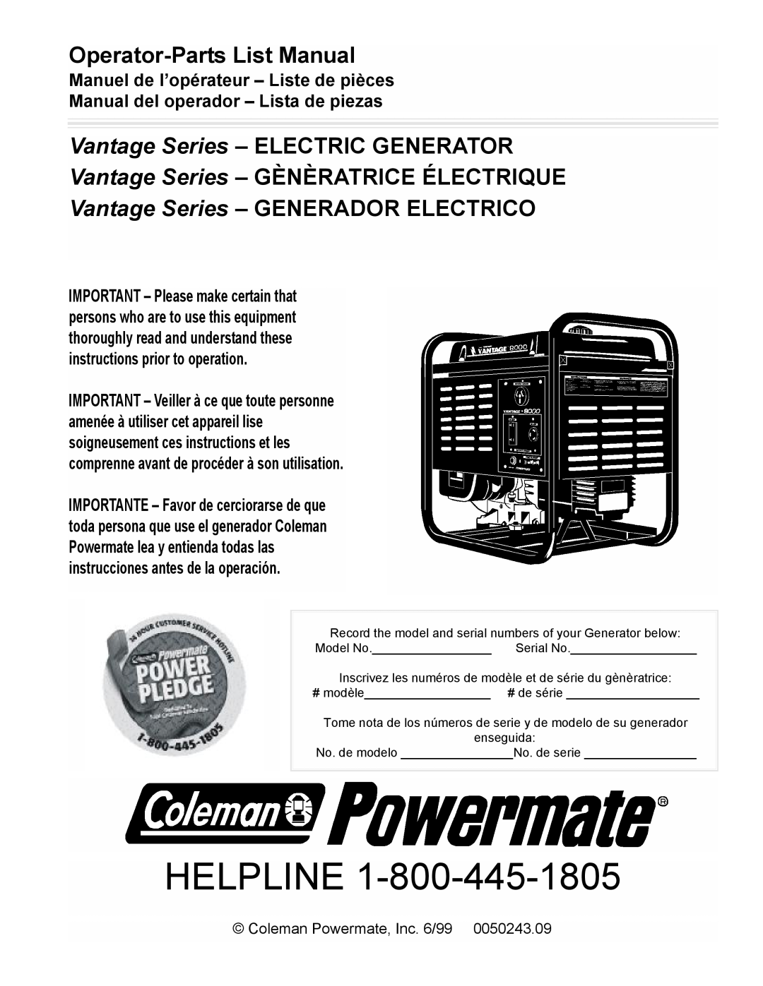Powermate PM0478022 manual Operator-PartsList Manual, Vantage Series - ELECTRIC GENERATOR, Coleman Powermate, Inc. 6/99 