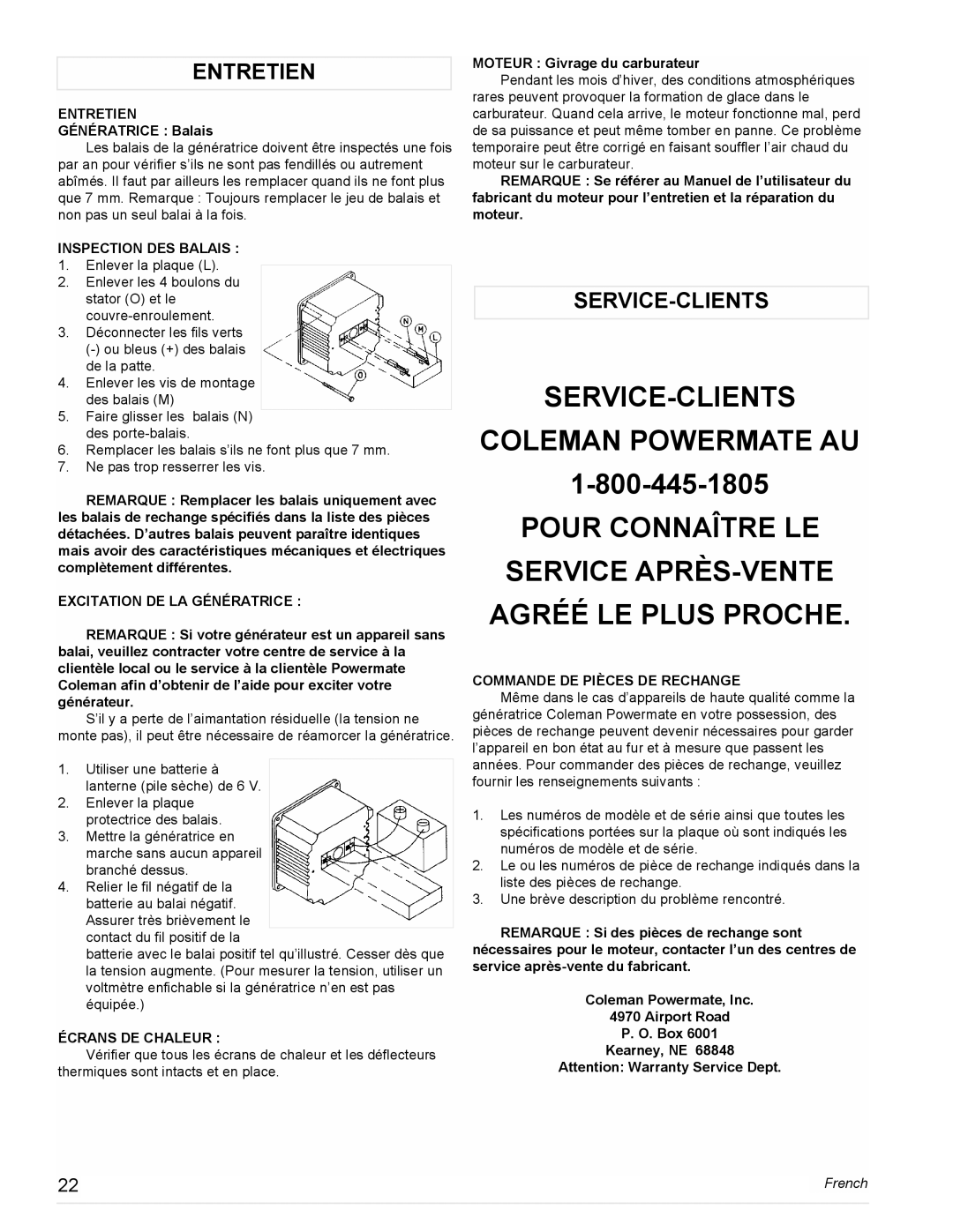 Powermate PM0473503, PL0473503, PM0478022, PM0477022, PM0474203 manual Service-Clients Coleman Powermate Au, Entretien, French 