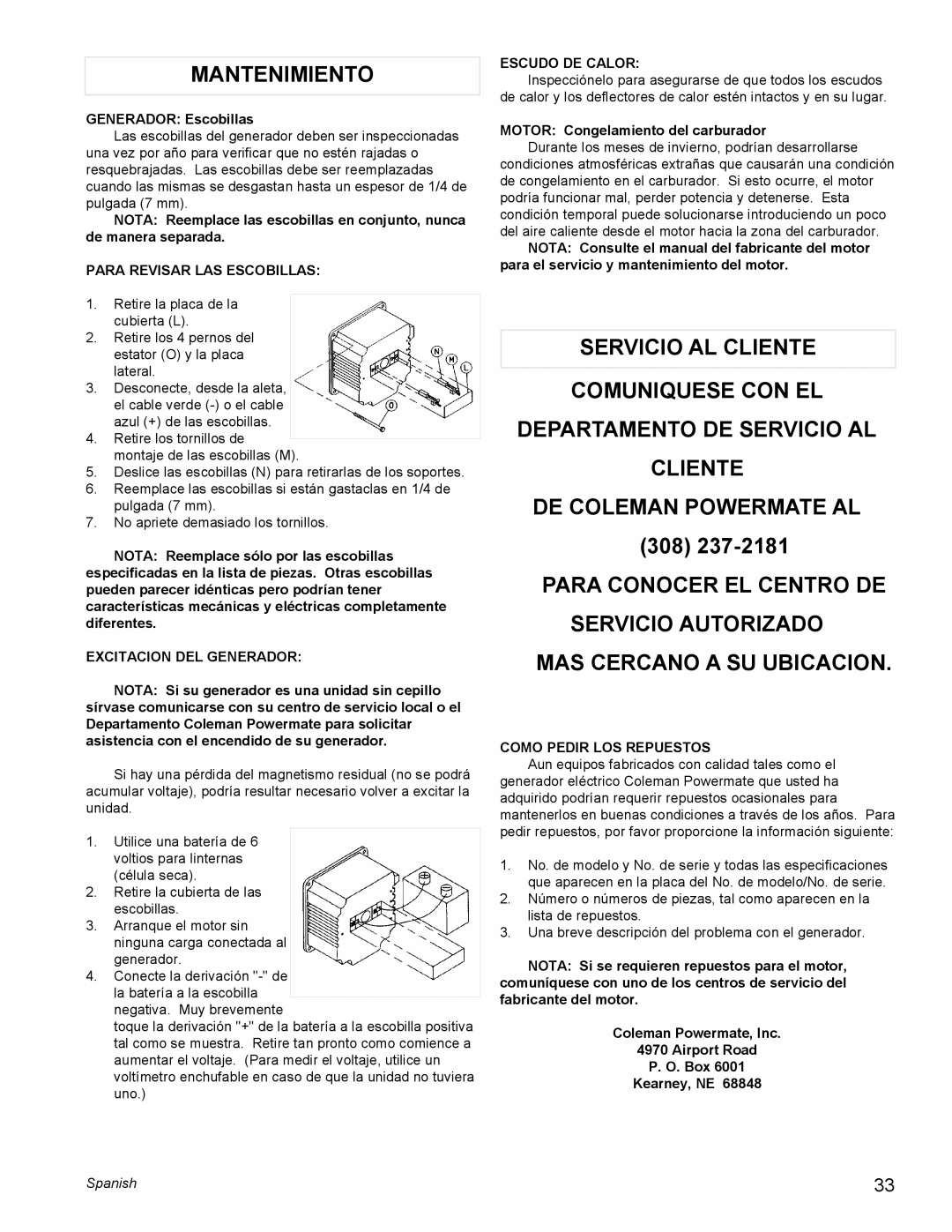 Powermate PM0477022 Mantenimiento, Servicio Al Cliente Comuniquese Con El, Departamento De Servicio Al Cliente, Spanish 