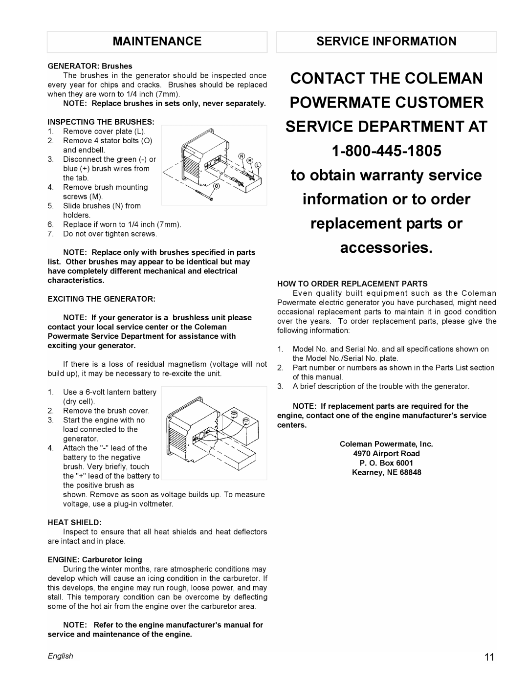 Powermate PM0478022 manual Maintenance Service Information, Inspecting the Brushes, Exciting the Generator, Heat Shield 