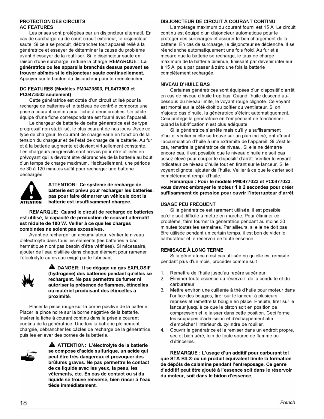 Powermate PC0475003 Protection DES Circuits AC Features, Niveau D’HUILE BAS, Usage PEU Fréquent, Remisage À Long Terme 