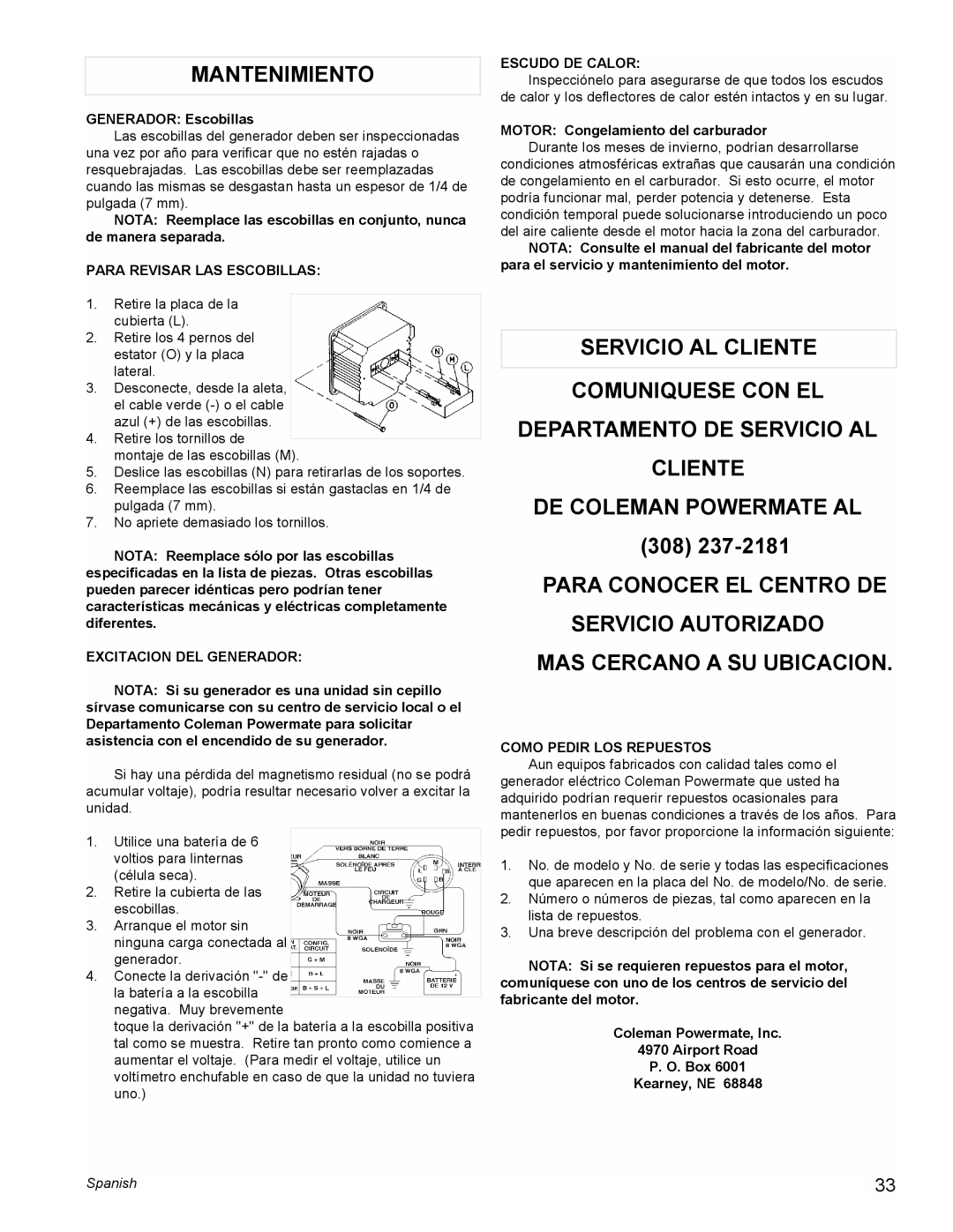 Powermate PM0477022, PL0473503 manual Mantenimiento, Para Revisar LAS Escobillas, Excitacion DEL Generador, Escudo DE Calor 