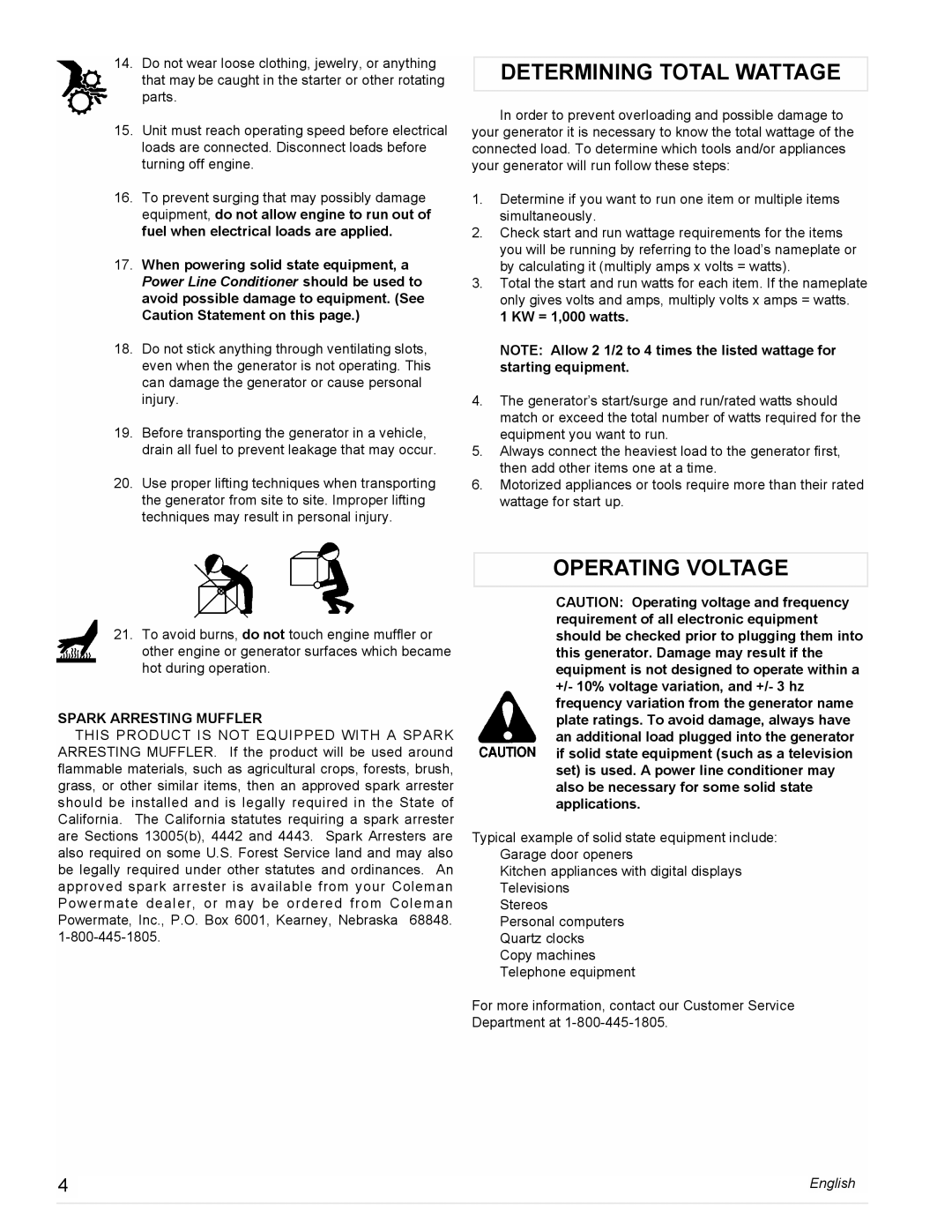 Powermate PM0474203, PL0473503 Determining Total Wattage, Operating Voltage, KW = 1,000 watts, Spark Arresting Muffler 