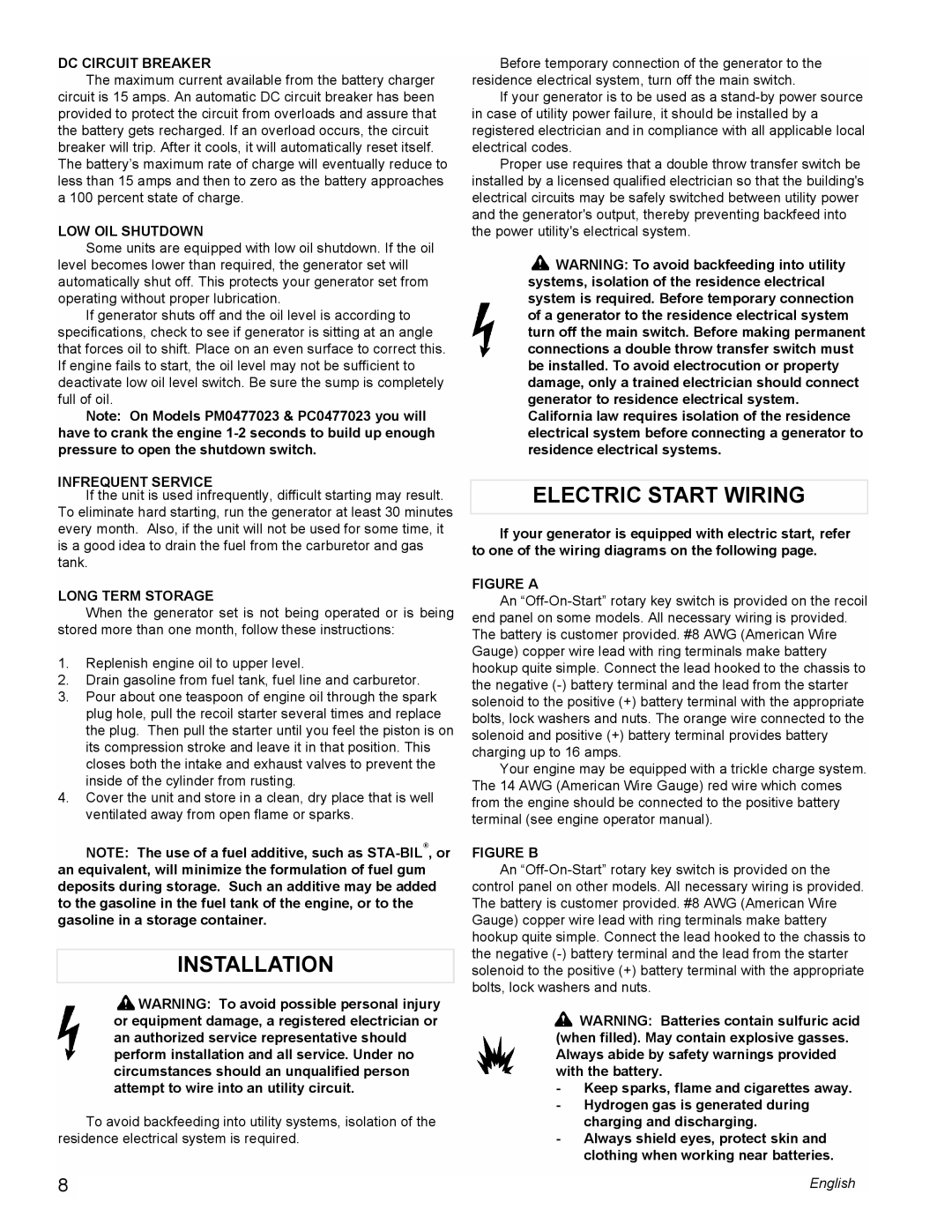 Powermate PC0475003, PL0473503, PM0478022, PM0473503, PM0477022, PM0474203, PM0475003 manual Installation, Electric Start Wiring 