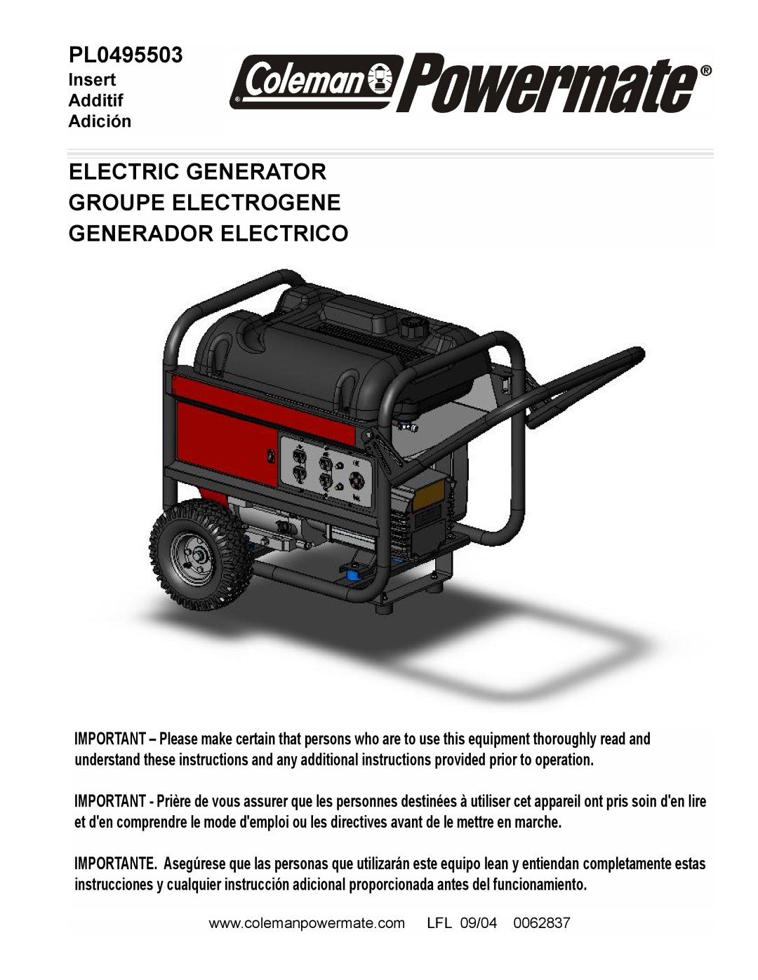 Powermate PL0495503 manual Electric Generator Groupe Electrogene, Generador Electrico, Insert Additif Adición 