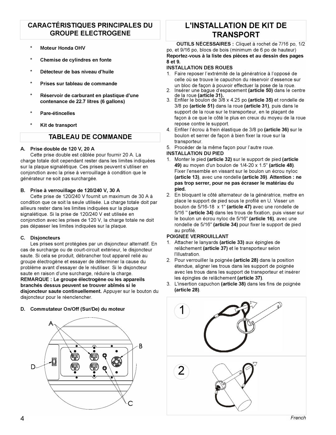 Powermate PL0495503 manual Linstallation De Kit De Transport, Caractéristiques Principales Du, Groupe Electrogene, French 