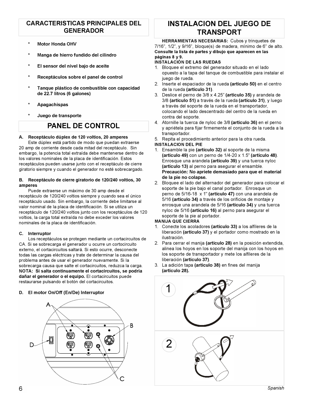 Powermate PL0495503 manual Panel De Control, Instalacion Del Juego De Transport, Caracteristicas Principales Del Generador 