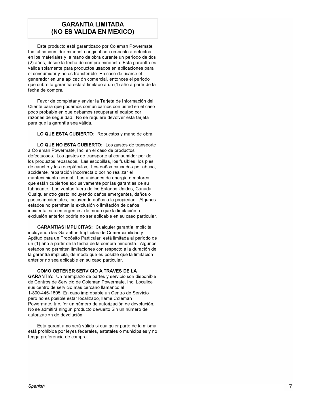 Powermate PL0495503 manual Garantia Limitada No Es Valida En Mexico, Spanish 
