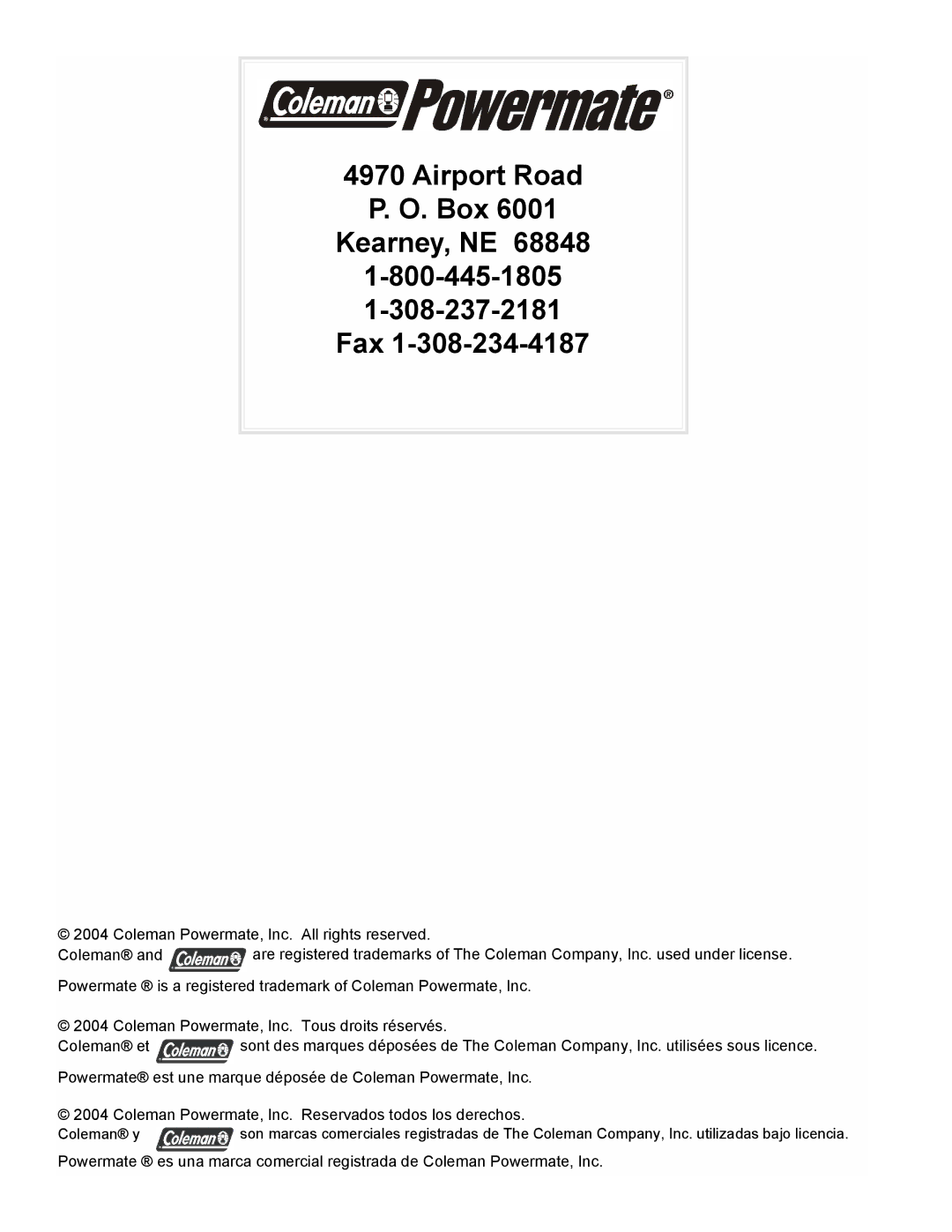 Powermate PL0495503 manual Airport Road Box Kearney, NE Fax 