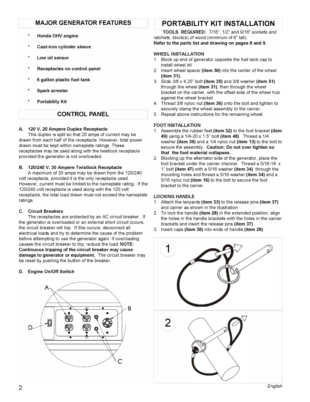 Powermate PL0495503 manual Portability KIT Installation, Major Generator Features, Control Panel 