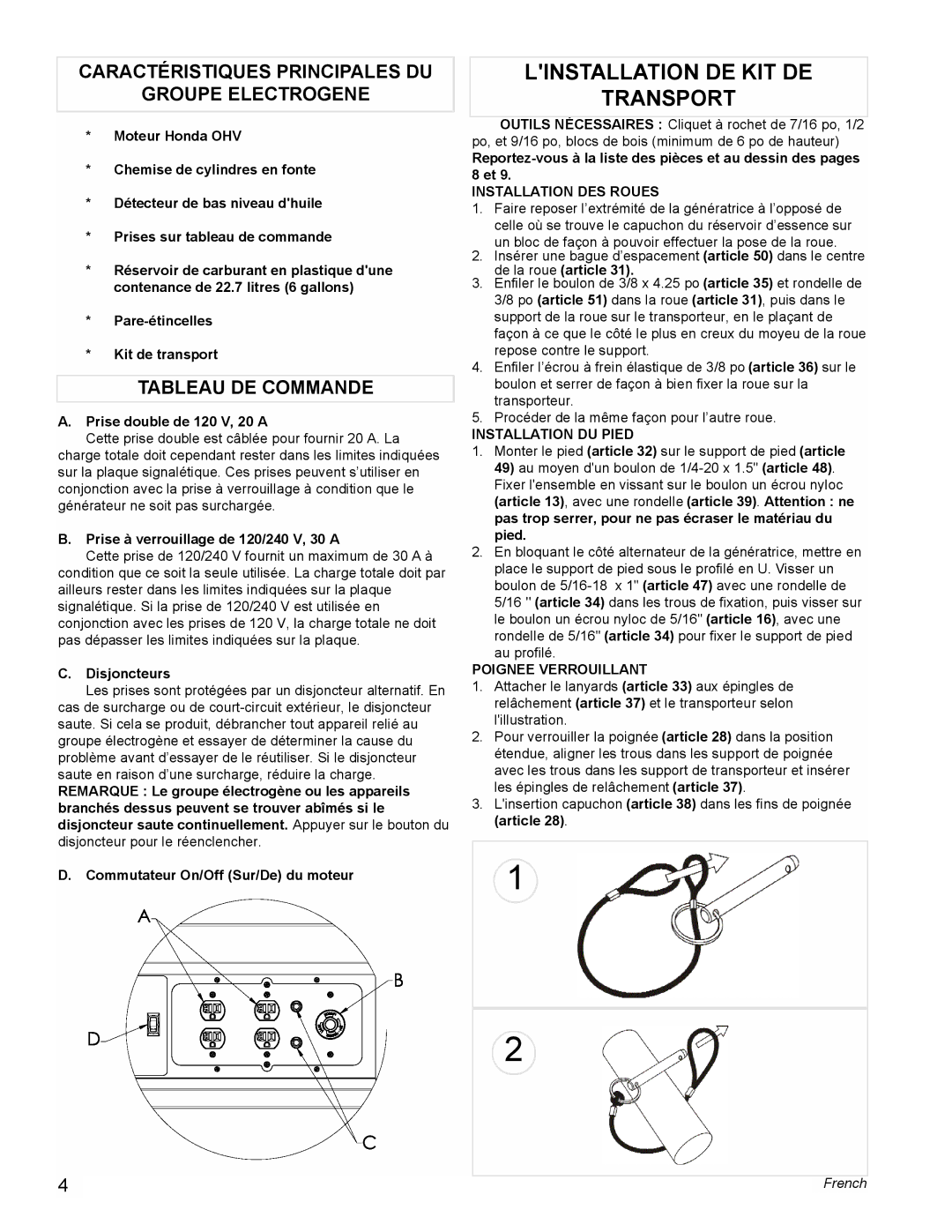 Powermate PL0495503 manual Linstallation DE KIT DE Transport, Caractéristiques Principales DU Groupe Electrogene 