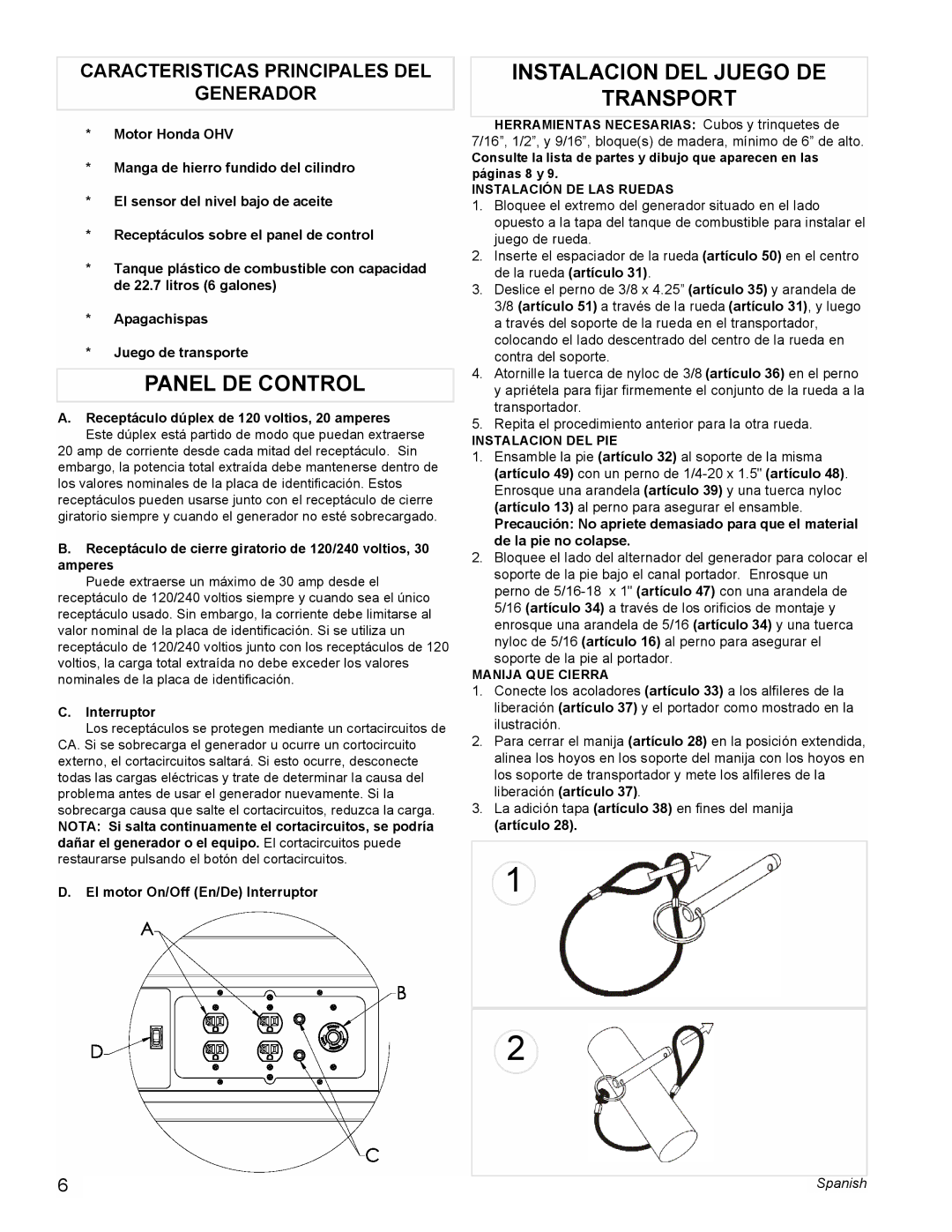 Powermate PL0495503 manual Panel DE Control, Instalacion DEL Juego DE Transport, Caracteristicas Principales DEL Generador 