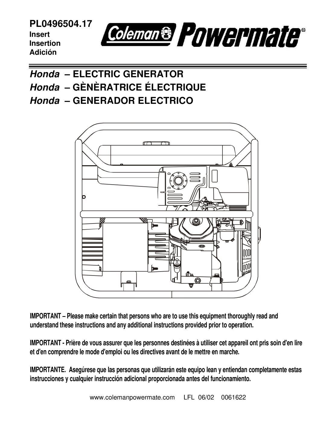 Powermate PL0496504.17 manual Honda - ELECTRIC GENERATOR Honda - GÈNÈRATRICE ÉLECTRIQUE, Honda - GENERADOR ELECTRICO 