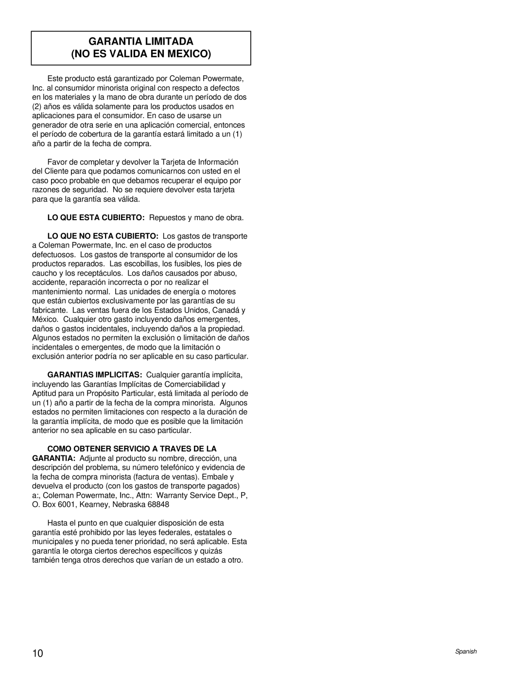 Powermate PL0496504.17 manual Garantia Limitada No Es Valida En Mexico 