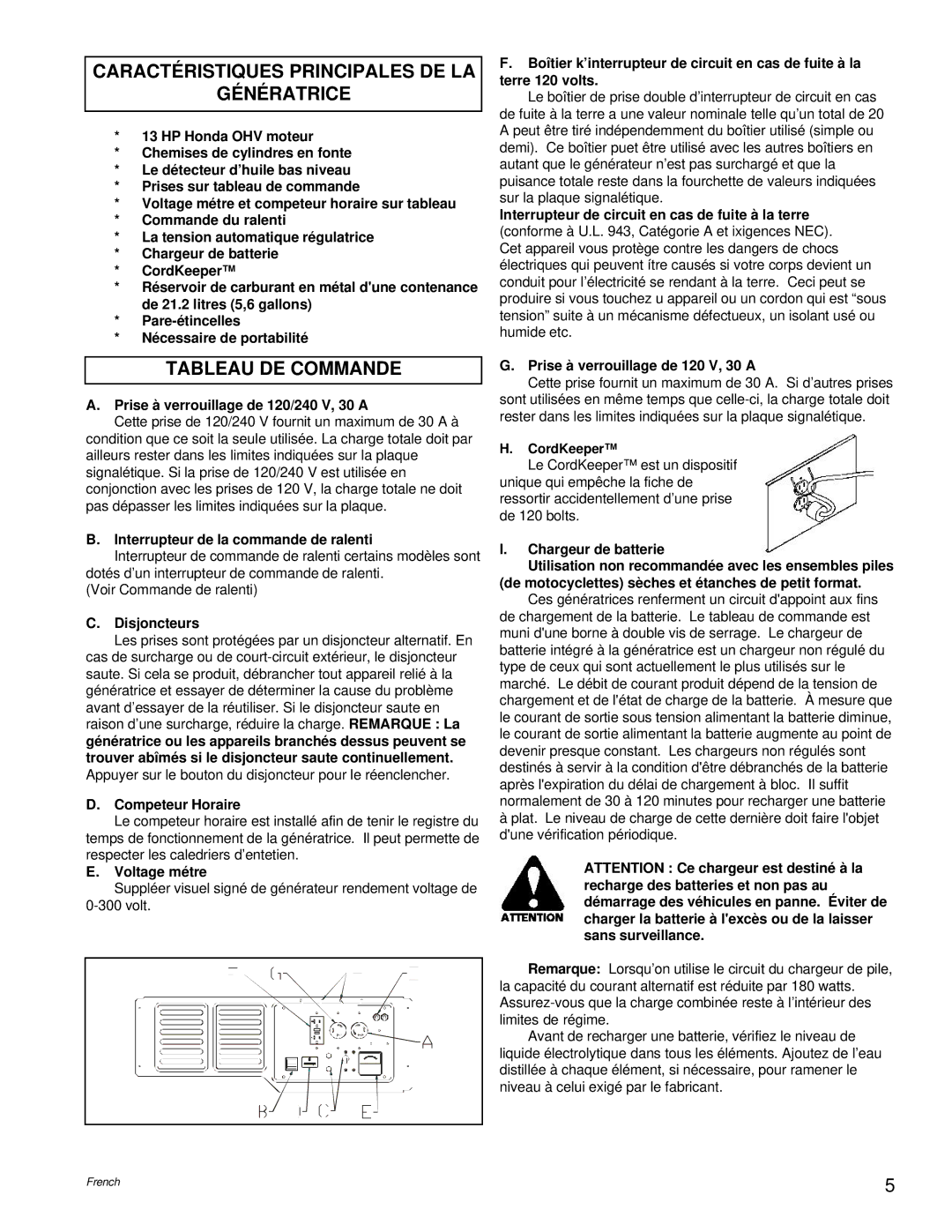 Powermate PL0496504.17 manual Caractéristiques Principales DE LA Génératrice, Tableau DE Commande 