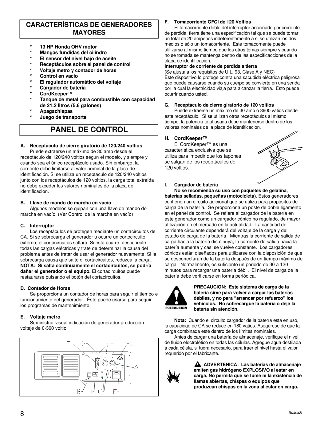 Powermate PL0496504.17 manual Panel DE Control, Características DE Generadores Mayores 