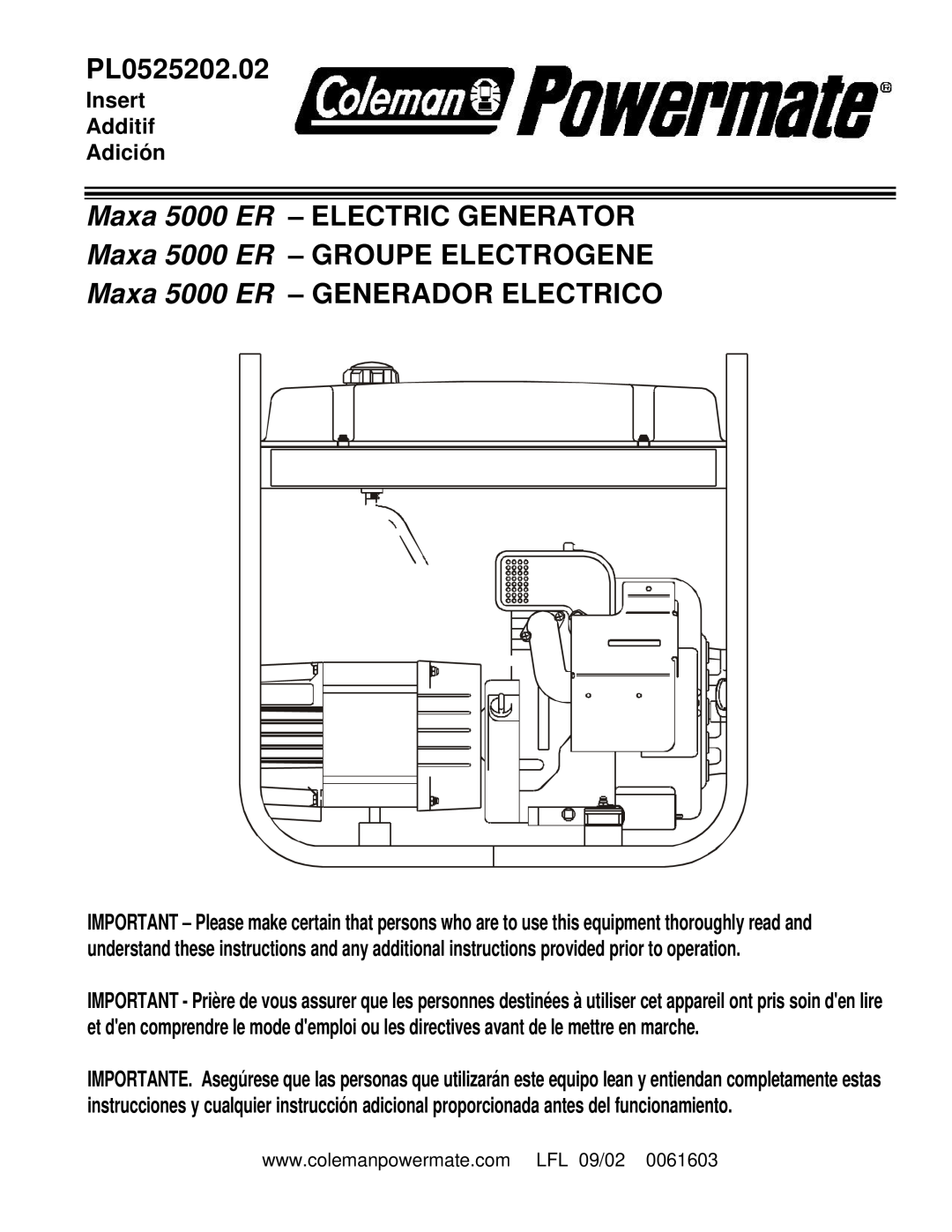 Powermate PL0525202.02 manual Maxa 5000 ER - ELECTRIC GENERATOR, Maxa 5000 ER - GROUPE ELECTROGENE, Insert Additif Adición 
