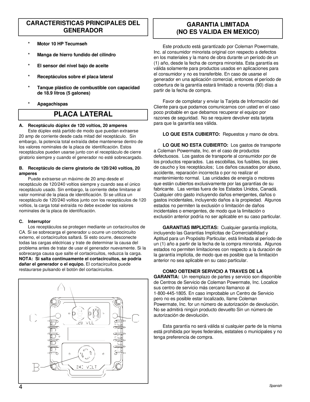 Powermate PL0525202.02 Placa Lateral, Caracteristicas Principales Del Generador, Garantia Limitada No Es Valida En Mexico 