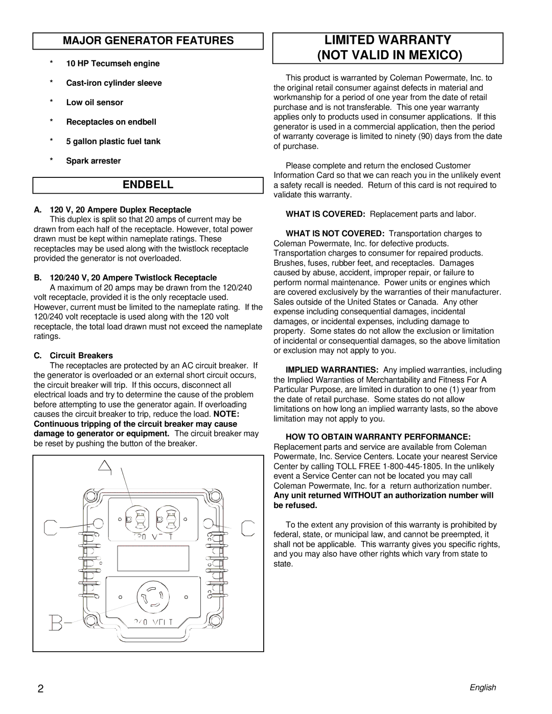 Powermate PL0525202.02 manual Limited Warranty not Valid in Mexico, Major Generator Features, Endbell 