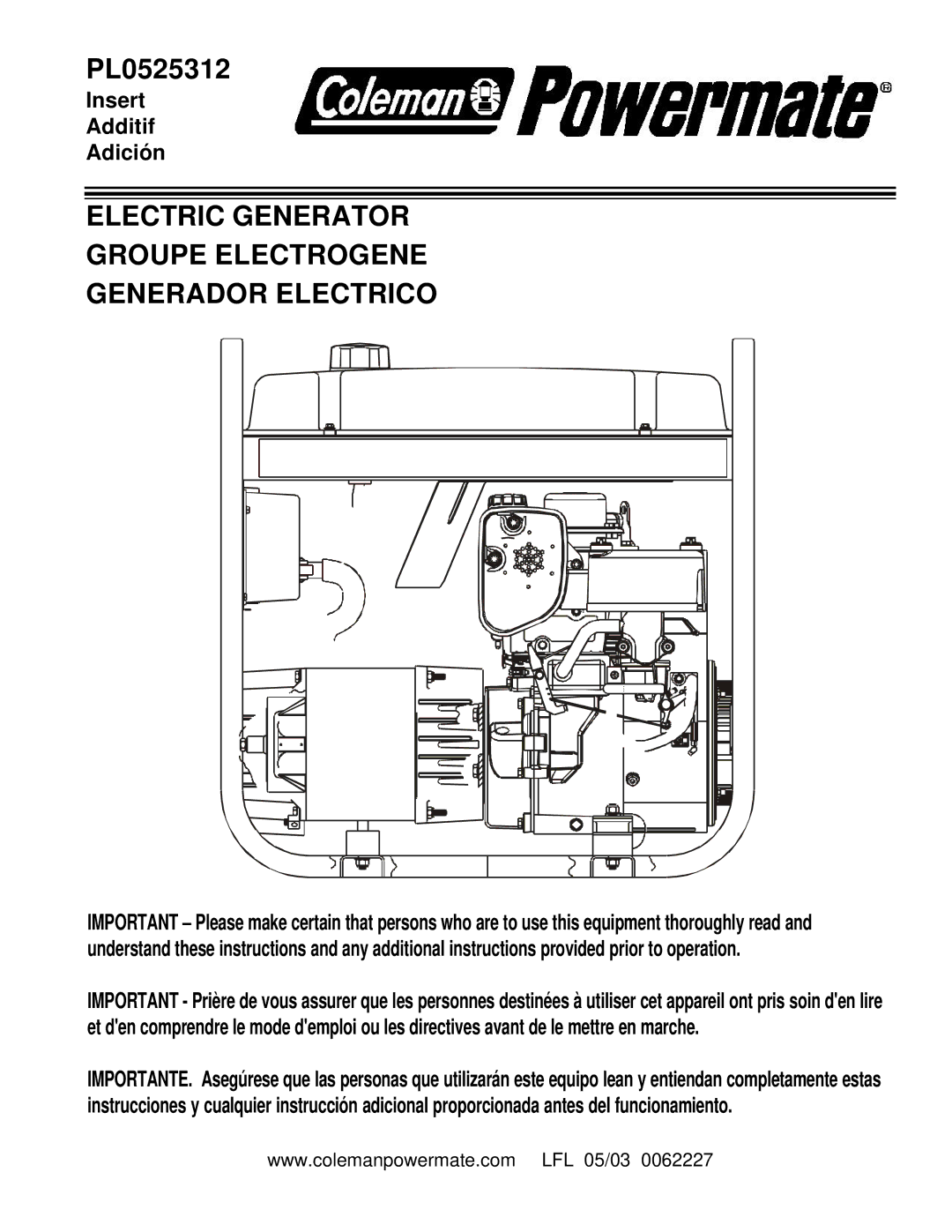 Powermate PL0525312 manual Electric Generator Groupe Electrogene Generador Electrico 