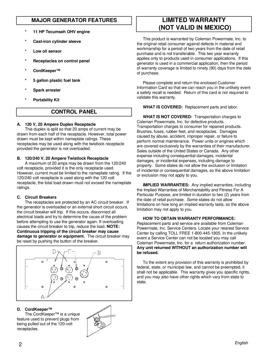 Powermate PL0525312 manual Limited Warranty not Valid in Mexico, Major Generator Features, Control Panel 